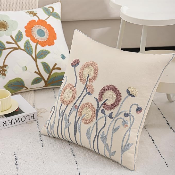Embroidery Throw Pillow Covers 18x18 Set of 2 Vintage Blowball with Blue Leaves Farmhouse Pillow Cushion Case Decorative Pillowcases Square Rustic Floral Pillow Case Spring Summer Home Decor