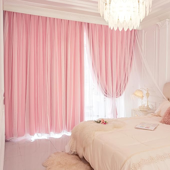 XiDi 100% Blackout Pink Girls Curtains for Bedroom 63 Inches Long 2 Panels Nursery Curtains with Sheer Overlay Kids Princess Room Decor Soundproof Light Blokc Grommet Window Drapes Pink 52W x 63L