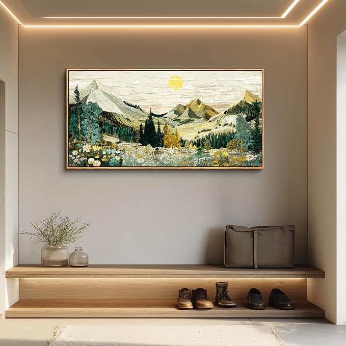 XIGUANGART Mountain Framed Wall Art,Large Canvas Wall Art - Floral Abstract Painting Decor, Vintage Flower Boho Pictures,Modern Rustic Farmhouse Landscape Art Prints for Bedroom Office Home Decoration