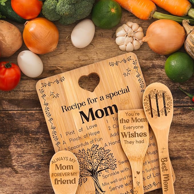 Gifts for Mom - "Recipe for a Special Mom" Mom Birthday Gifts Cutting Board Set, Bamboo-Made Engraved Utensil Set, Birthday Gifts for Mom from Daughter/Son, Mothers Day Gifts
