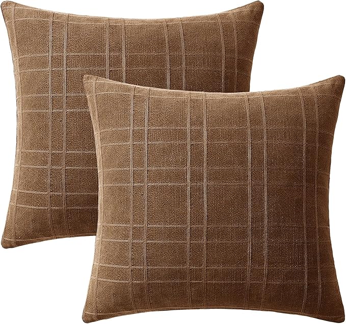 MIULEE Decorative Linen Check Throw Pillow Covers Neutral Farmhouse Vintage Pillow Covers 18x18 Set of 2 Boho Modern Winter Home Decor for Sofa Couch Bedroom Cushion Camel Brown