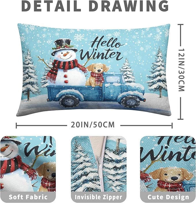 Set of 2 Blue Truck with Snowman Puppy Dog Rectangle Pillowcase Hello Winter Lumbar Pillow Covers 12x20 Snowflakes Snowman Waist Cushion Case for Living Room Bedroom Couch Sofa
