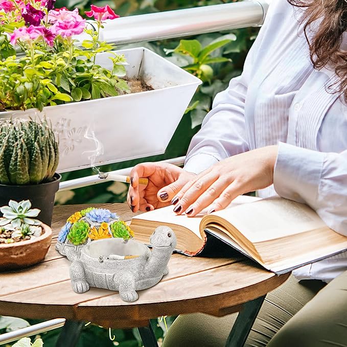 LESES Ashtray, Outdoor Ashtray with Lid Smokeless Waterproof Ash Tray with Cute Turtle Decor, Resin Ashtrays for Cigarettes Home Office, Porch Patio Decorations Indoor