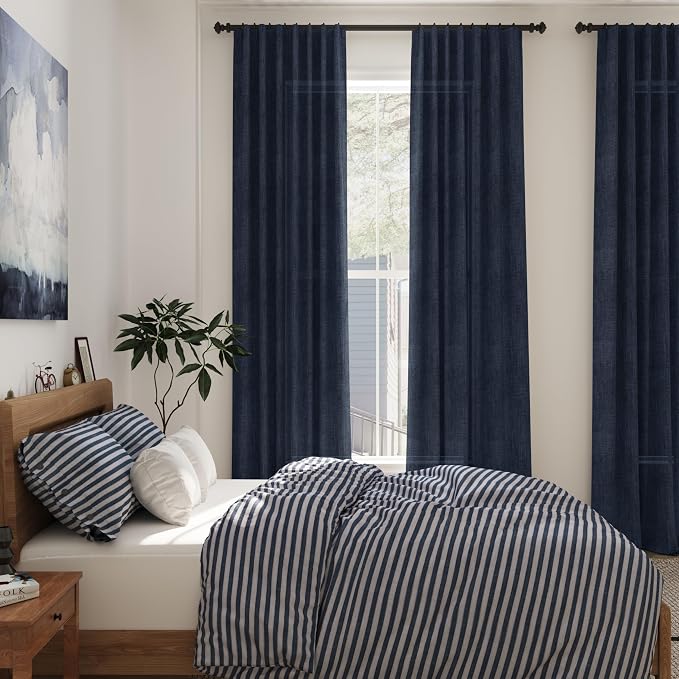 Navy Blue Linen Textured 96 Inch Curtains 2 Panel Set Back Tab Rod Pocket Semi Sheer Boho Room Decor Aesthetic Curtains Indigo Blue Burlap Look Curtain Drapes for Living Room Bedroom 8Ft 40x96 Inch