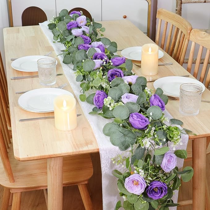 TOCHGREEN 2 Pack 13Ft Artificial Eucalyptus Flower Garland with Purple Roses, Fake Rose Flower Greenery Garland Floral Vines for Wedding Home Party Table Runner Decor (Purple, 2PCS)