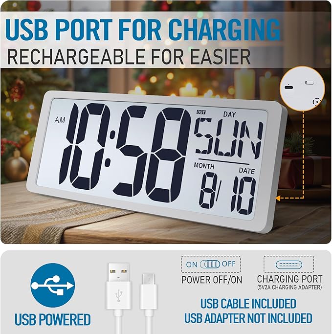 TXL Rechargeable Atomic Clock with Backlight, 14.2" Large Display Digital Wall Clock Battery Operated with Day, Date & Temperature, Large Wall Clock for Bedroom, Livingroom, Office(White)