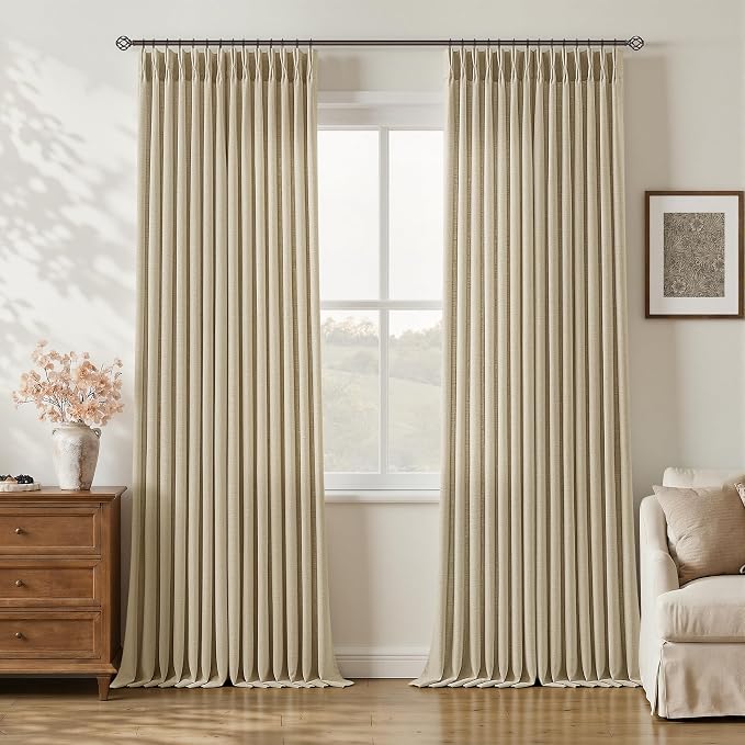 102 Inch Pinch Pleated Curtains for Bedroom Living Room Oatmeal Beige Semi Sheer Cottage Boho Back Tab Drapes with Hooks Rings Memory Shaped Trained Pleat Window Curtains 102 Inches Length 2 Panels