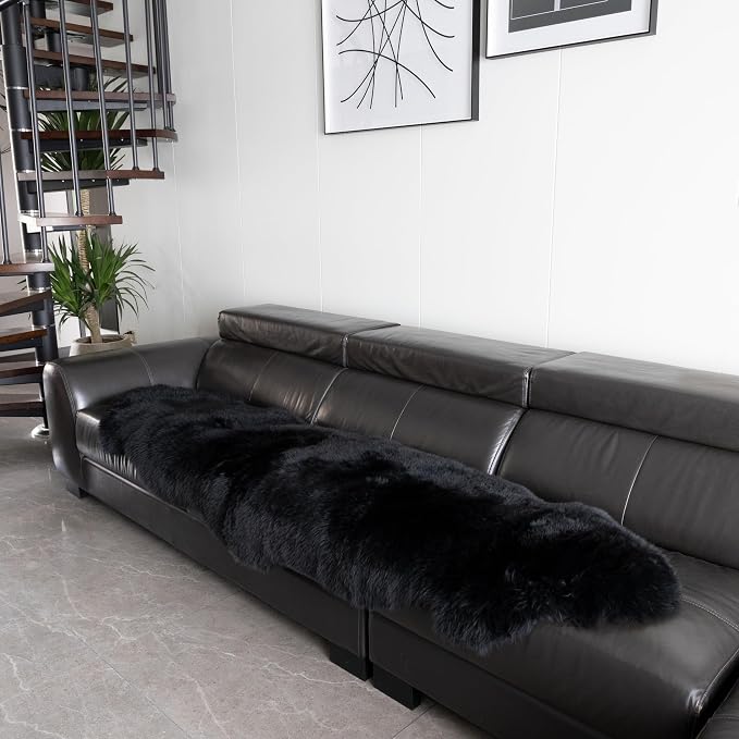 Sheepskin Rug, Fluffy Shag Area Rug, Super Soft 24” x 72“ Sheepskin Hair Rug, Inky Black Pile Rug, Decorative Throw Rugs for Bedrooms, Children's Rooms, Living Rooms (Inky Black, 24" x 72")
