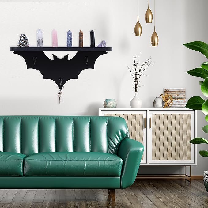 Bat Shelf Floating Shelves for Wall,15.5 inch Wall Shelf with 3 Key Hooks,Black Shelves for Living Room Bedroom Kitchen Gothroom