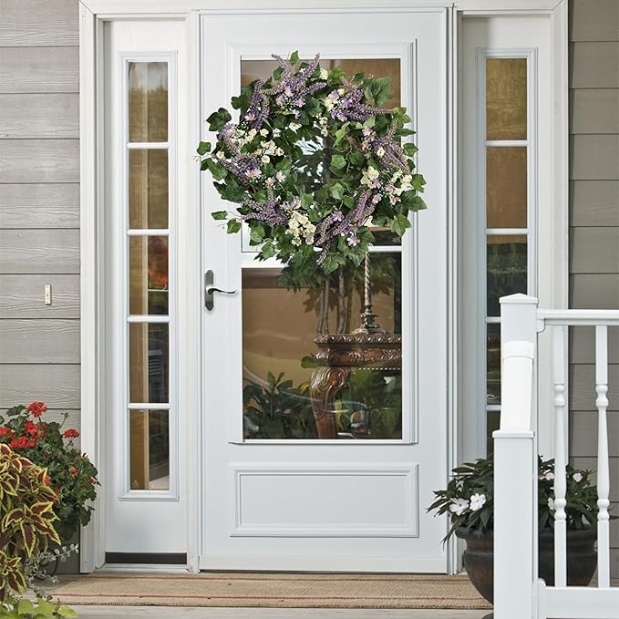 22IN Spring Summer Wreath withGrape Leaves, Lavender. Seasonal Greenery Decor for Front Door, Wall, and Year-Round Celebrations.