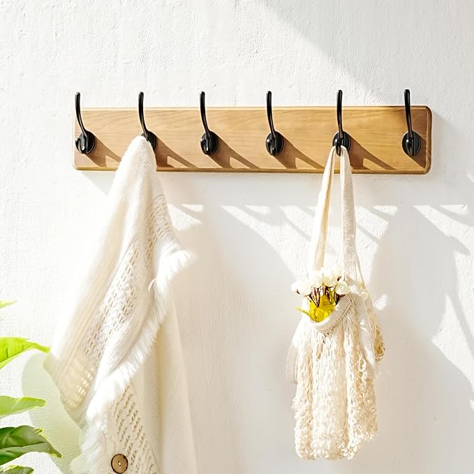 Dseap Wall Mounted Coat Rack: 24" Long, Patented, Heavy-Duty, 6-Double-Hooks Wooden Hanger Rail for Winter Coats, Hat, Jacket, Clothing - Weathered Brown, Pack of 2