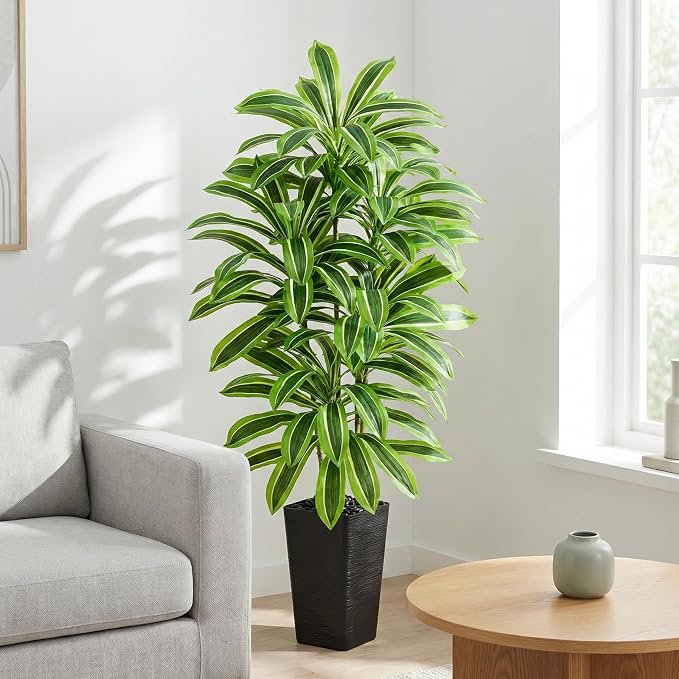 Artificial Dracaena Tree:5FT Faux Silk Tropical Yucca Floor Trees Realistic Fake Green Plant with Natural Wood Trunk & Lifelike Leaves for Home Office Decor Indoor & Outdoor (5FT,1-Pack,Black)