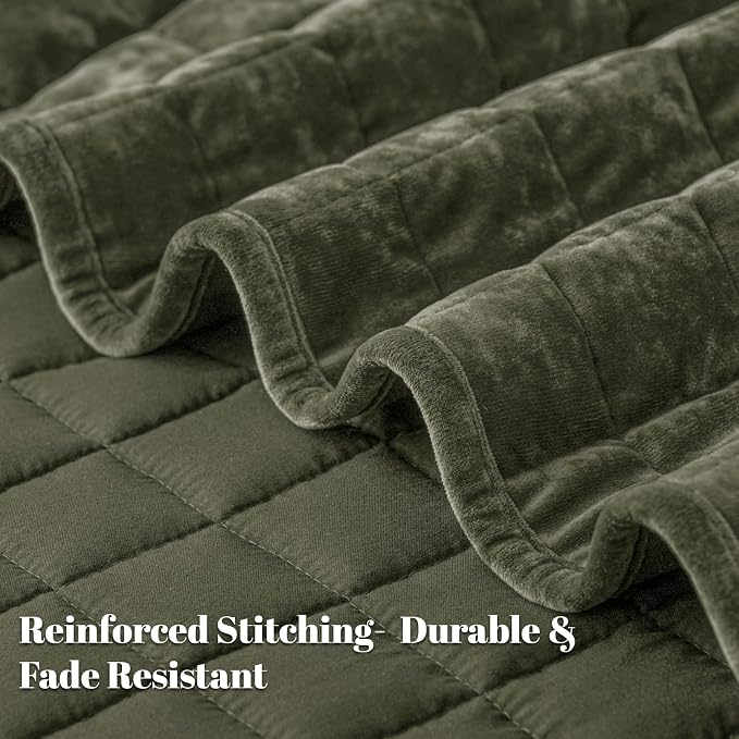 PHF Luxurious Velvet Quilt Set Queen Size – 3PCS Super Soft Quilted Comforter Alternative with Square-Box Quilt Pattern, Warm Quilted Bedspread Coverlet, 90" x 92", Smokey Olive