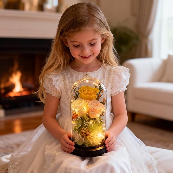 HipTree Preserved Yellow Rose in Glass Dome with LED Lights - Forever Eternal Real Rose Gifts for Women, Valentines Day Mothers Day Birthday Christmas Gift Wedding Anniversary for Mom Wife Girlfriend
