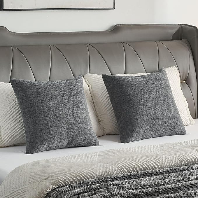FUTEI Dark Grey Chenille Throw Pillow Covers 22x22 Inch Set of 2,Soft Striped & Diamond Textured Cushion Cases,Modern Home Decor for Couch Living Room