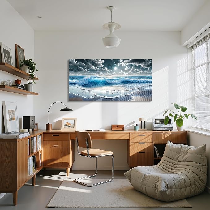 imjiayu Large Ocean Canvas Wall Art, Realistic Wave Seascape Painting, Coastal Beach Sunburst Wall Decor for Living Room Bedroom Office Home Decor, 24" x 48"