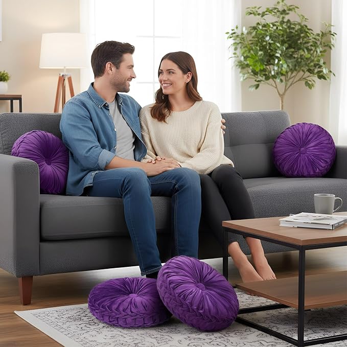 Drydiet 1 Pcs Round Throw Velvet Pillows Decorative Pleated Throw Pillows Diameter Accent Pumpkin Boho Chair Cushion for Couch Sofa Home Decoration (Purple,15'')