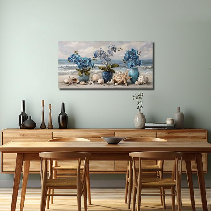 AOZEMI Blue Wall Art Beach Ocean Wall Decor Flower Canvas Art Coastal Seascape Pictures Floral Vase Poster Starfish Conch Shell Print Art for Bedroom Bathroom Living Room Office 20"x 40"