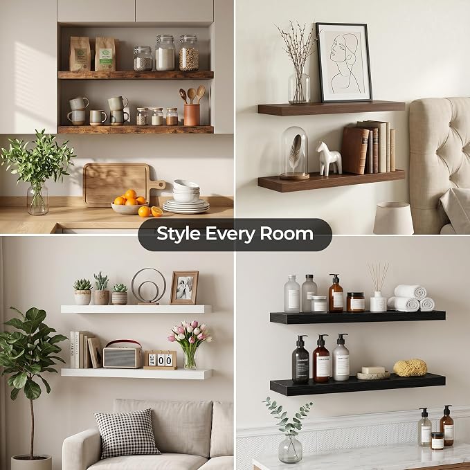 8" Long x 8" Deep Floating Shelves for Wall, Set of 3, 1.5" Thick, Brown | Rustic Wood Wall Shelves with Invisible Brackets, Storage and Display for Bathroom, Bedroom, Living Room or Kitchen