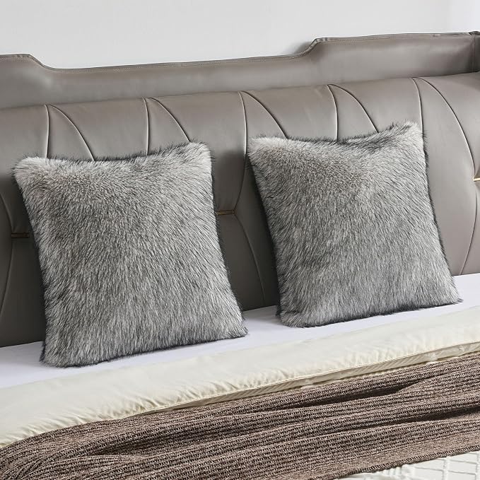 FUTEI Pack of 2 Faux Raccoon Fur Plush Throw Pillow Covers 18x18 Inch Soft Fluffy Farmhouse Decorative Cushion Case Modern Luxury Accent for Couch Bed Living Room, Beige Gray