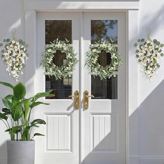 Pinkpum 20'' Eucalyptus Wreath 22'' Daisy Teardrop Swags Set 4 for Front Door Fireplace Hanging Porch Wall Home Window Kitchen Decor Farmhouse Garden Party Indoor Outdoor Summer Spring Fall
