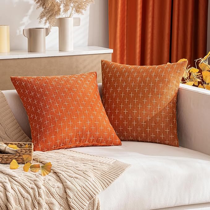 MIULEE Pack of 2 Decorative Burlap Linen Throw Pillow Covers Modern Farmhouse Pillowcase Rustic Woven Textured Cushion Cover for Sofa Couch Bed 18x18 Inch Burnt Orange