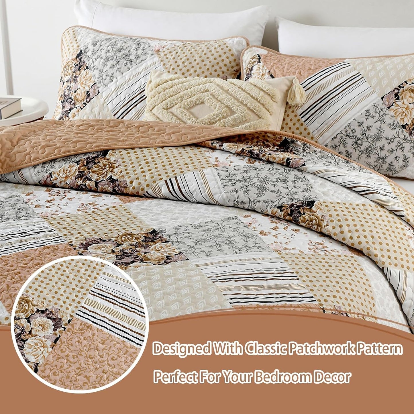 Dobuyly Fall King Size Quilt Set, Beige and Brown Floral Plaid Patchwork Bedspread Reversible Coverlet Set 3 Pieces, Soft Lightweight Microfiber Bedding Set for All Season, 104"x90"