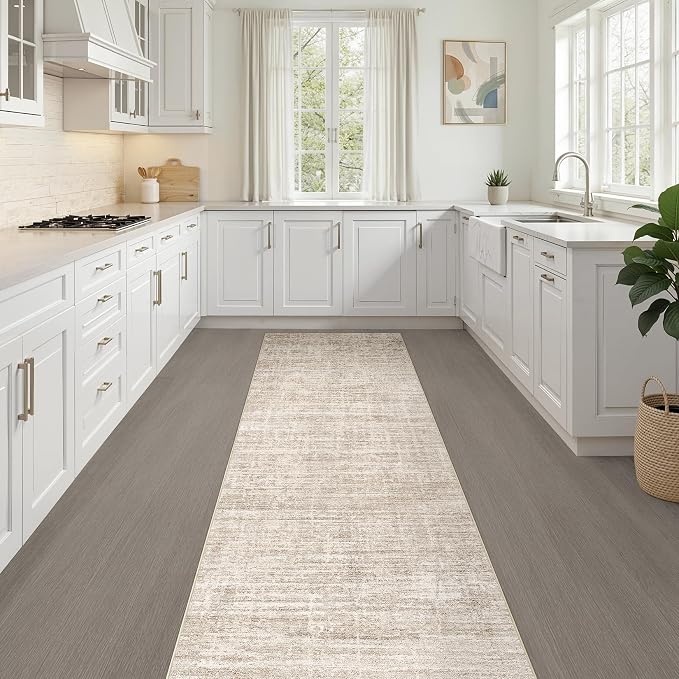 Runner Rug Non-Slip Kitchen Rug: 2x6 Washable Abstract Modern Soft Stain Resistant Indoor Floor Neutral Accent Throw Carpet for Hallway Bathroom Laundry Room Bedroom Entryway- Beige