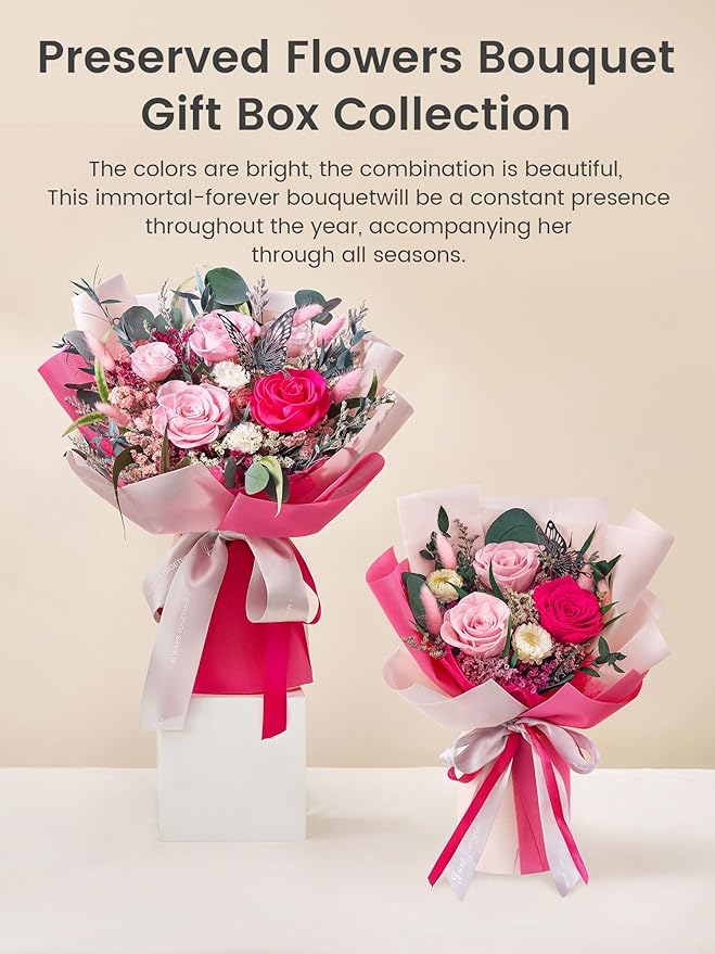 Polylove Flowers for Delivery Prime Forever Flowers Bouquet Preserved Roses Bouquet Flower Gift for Women Wife Mother Day Graduation Birthday (Hot Pink, Medium)