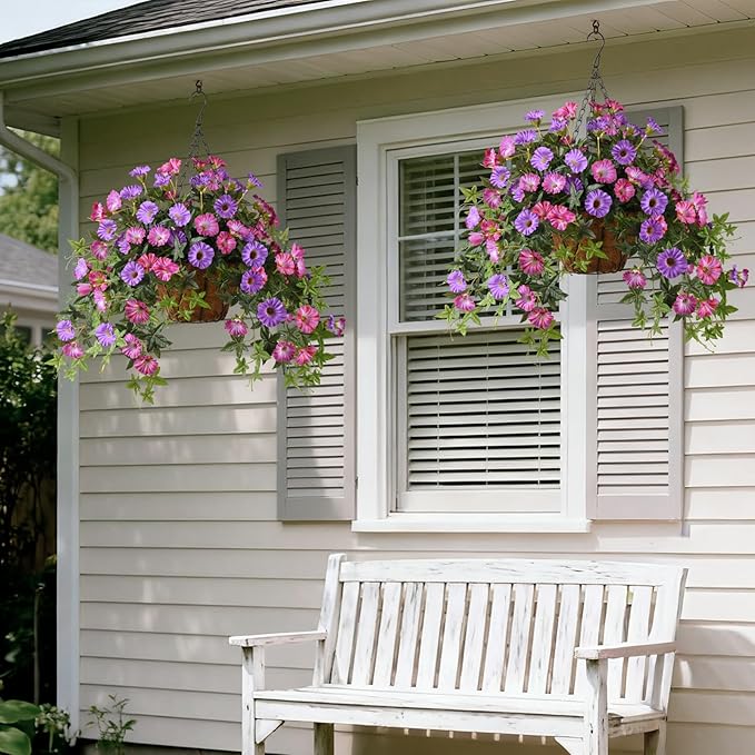 Artificial Fake Flowers Hanging Plants for Outdoor Spring Summer Decoration, 2Pcs Faux Petunias Realistic Silk Flower UV Resistant No Fade for Home Outside Garden Balcony Yard Porch (Purple Fuchsia)