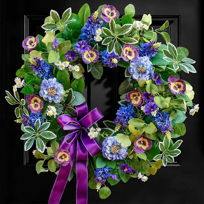 Spring Summer Wreaths for Front Door 24 Inch, Outdoor Summer Wreath with Pansy, Hydrangea & Floral Accents, Spring Wreath for Front Door Outside, Summer Wreaths Front Door for Home Decor