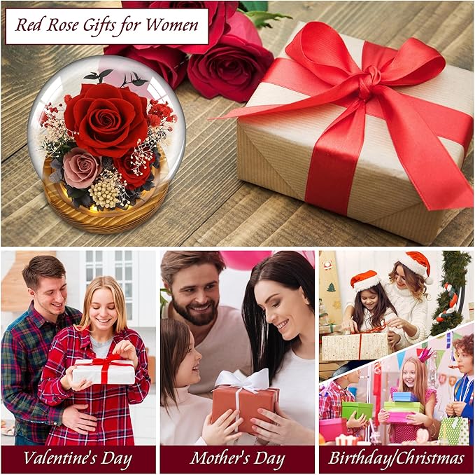 MOKOQI Red Rose Mothers Day Gifts for Mom Forever Rose Flowers for Delivery Prime Preserved Flowers in Glass Dome | Birthday Gifts for Women Mom Wife Grandma