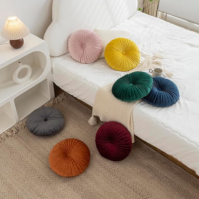 Teieas Velvet Round Throw Pillow Pleated Round Pillow Cushion Decoration for Couch Chair Bed Car Orange