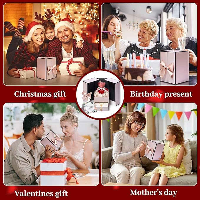 Gifts for Mom Wife Women Preserved Real Red Rose with Rotating Sunflower Pandent Necklace&Cute Pink Bear Birthday Gift Box for Mama Girlfriend Wife Her Grandma Anniversary Valentines Day