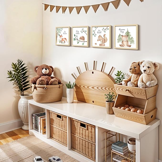 ArtbyHannah Framed Woodland Nursery Wall Decor, 4 Pack Gallery Wall Frame Set Forest Animal Safari Wall Art Prints for Baby Kids Playroom Room Decoration, Cute Artwork Frame 8x8 Inch