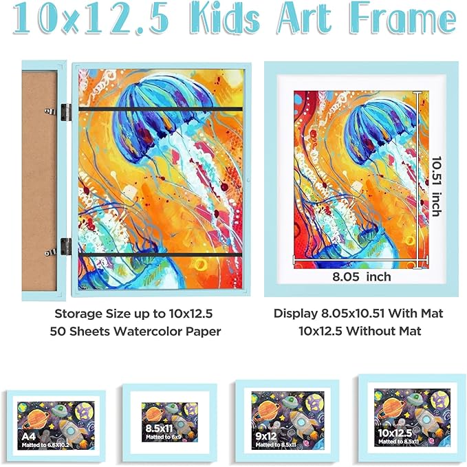 KINLINK 10x12.5 Kids Art Frame Set of 2, Solid Wood Kids Artwork Frames Changeable with Front Opening Hold 150 Pictures, Art Frames for Kids Art with Mat,without Mat 10x12.5 Picture Frame Light Blue