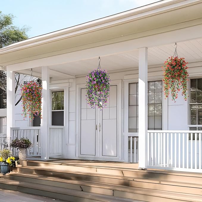 Artificial Fake Hanging Flowers Plants for Outdoor Spring Summer Decoration,2 PCS Faux Silk Daisy with Eucalyptus Leaves,UV Resistant Look Real for Outside Home Planter Porch Patio Balcony Yard Decor
