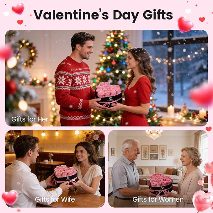 Valentines Day Flowers Roses Gifts for Her,16pcs Pink Forever Preserved Roses in Heart Shape Gift Box,Valentines Day Delivery Prime Gifts-Roses Gifts for Women,Mom.