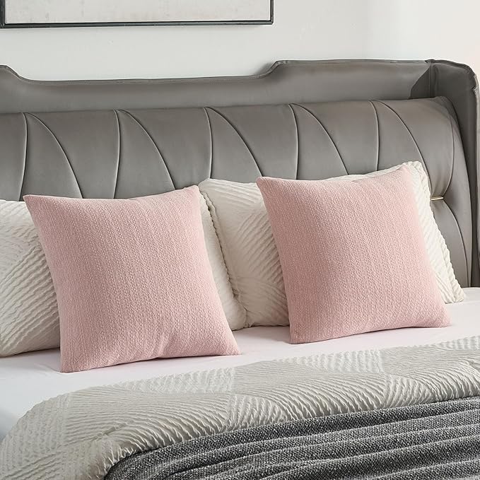 FUTEI Pink Chenille Throw Pillow Covers 16x16 Inch Set of 2,Soft Striped & Diamond Textured Cushion Cases,Modern Home Decor for Couch Living Room