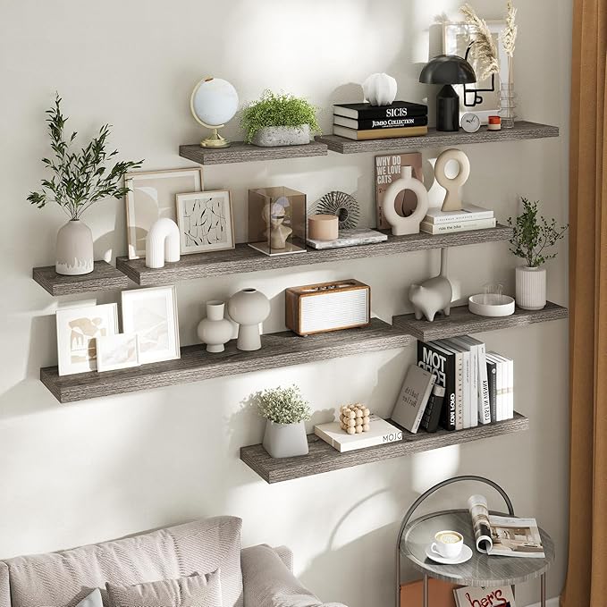 32 Inch Floating Shelves for Wall Set of 2, 8"D Wood Grain Bathroom Shelves with Invisible Brackets, Easy Install Engineered Wood Storage Shelves for Kitchen, Living Room, Bedroom, Grey Oak Finish