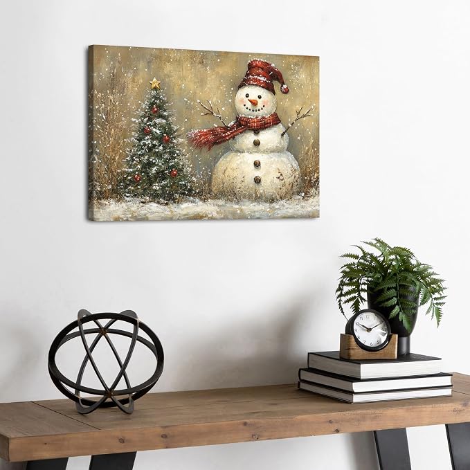 Rustic Christmas Wall Decor Pine Tree Snowman Picture for Living Room Retro Christmas Tree Poster Bedroom Abstract Snowy Winter Scene Canvas Prints Painting Holiday Artwork Xmas Home Decoration 12x16"