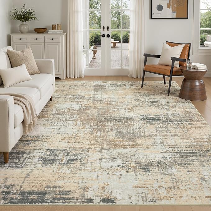 Rugflix 8x10 Area Rugs for Living Room, Washable Large Rug Stain-Resistant Low Pile, Modern Neutral Carpet for Dining Room Home Office Kid Room Nursery Bedroom, Gold/Beige/Grey