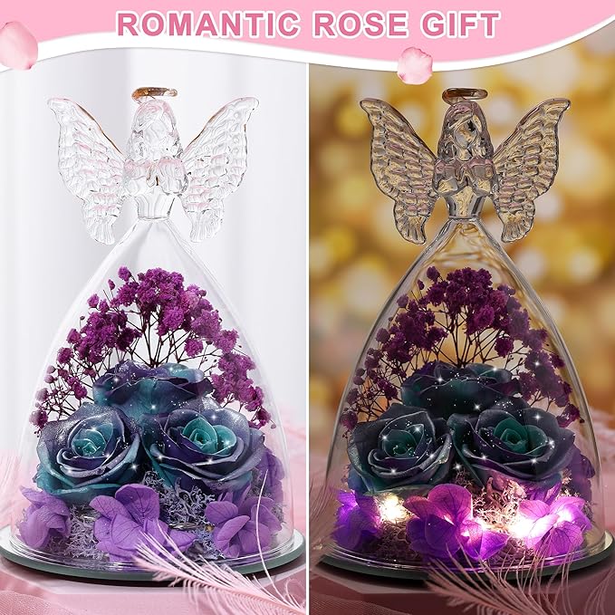 Mothers Day Rose Gifts for Women Preserved Real Flower in Glass Angel Figurines Roses for Delivery Prime Birthday Gifts for Mom Grandma Girlfriend Wife Her, GlitterBluePurple
