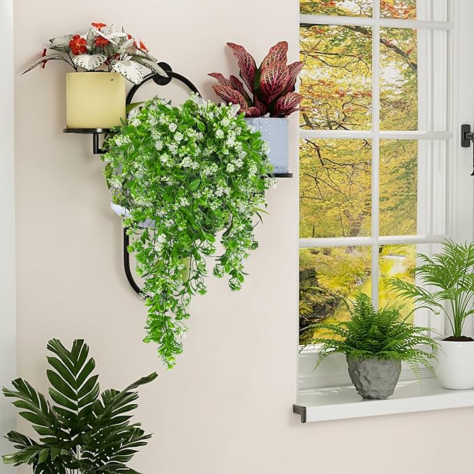 SJL Artificial Hanging Plants Fake Vine Faux Greenery Outdoor UV Resistant Plastic Plants Artificial Plant Outdoors Fake Hanging Vine for Indoor Outdoor Home Garden Wedding Party Decor (White)