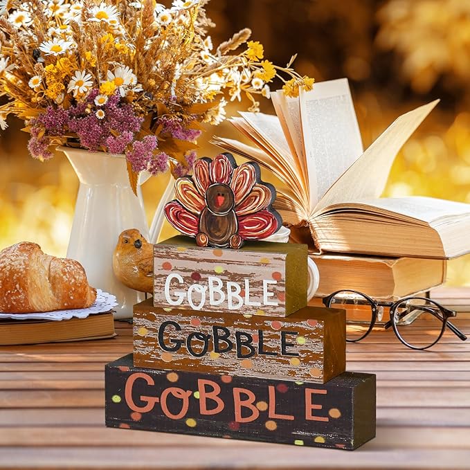 Smile Thanksgiving Decor Indoor Wooden Block Signs, Turkey Decor Gobble for Rustic Farmhouse Home, Thanksgiving Table Tiered Tray Kitchen Decorations
