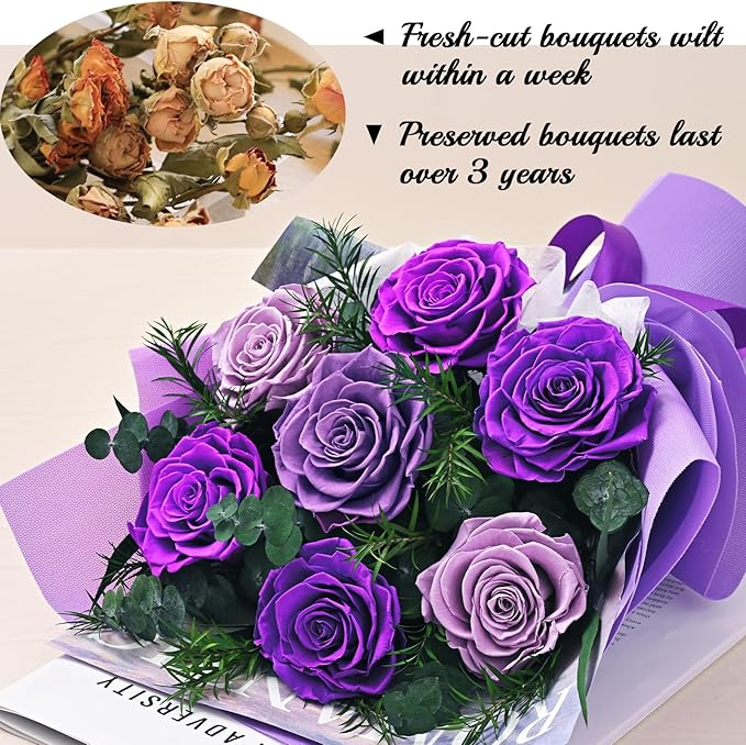 Flowers for Delivery Prime 7 Roses, Mothers Day Flowers for Mom, Mothers Day Gifts, Forever Preserved Purple Flower Bouquet Eternas Rose Birthday Gifts for Women Gf Gifts Wedding Anniversary