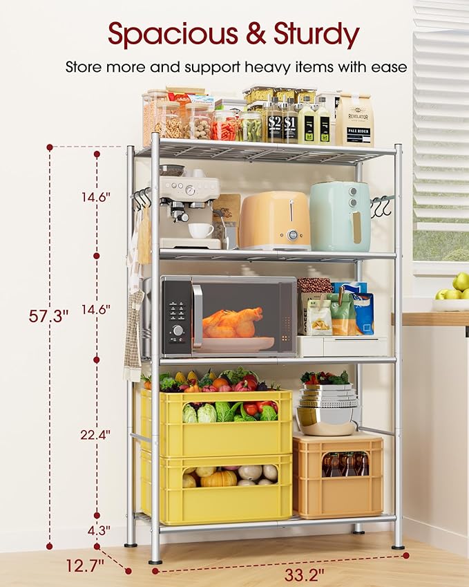 Sakugi Storage Shelves - 4-Tier Spacious Shelf Organizer with Hooks & Leveling Feet, Easy to Assemble, Rust-Resistant Garage Shelving for Kitchen, Pantry, Bedroom, 33.2" x 12.7" x 57.3", Sliver