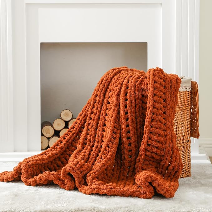 Battilo Chunky Knit Throw Blanket for Couch, Fall Decor, 50"x60", Rust | Hand Knit with Chunky Yarn, Decorative Fall Throw Blanket, Cozy Warm Soft Chenille Throw Blanket for Bed, Sofa, Living Room
