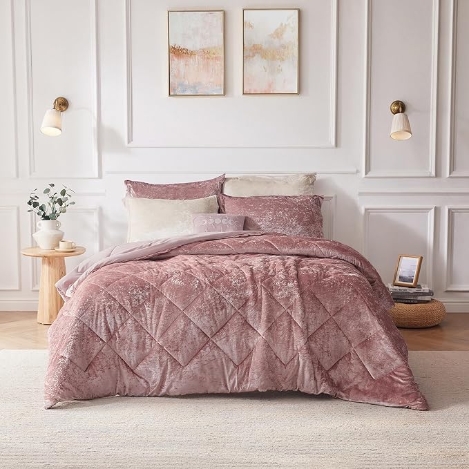 Intelligent Design Duvet Cover Set, Velvet Duvet Set, Luxury Diamond Quilting Pink Duvet Cover, Fluffy Duvet Cover with Decorative Pillow and 2 Shams, 4 Pieces, Blush, Full/Queen