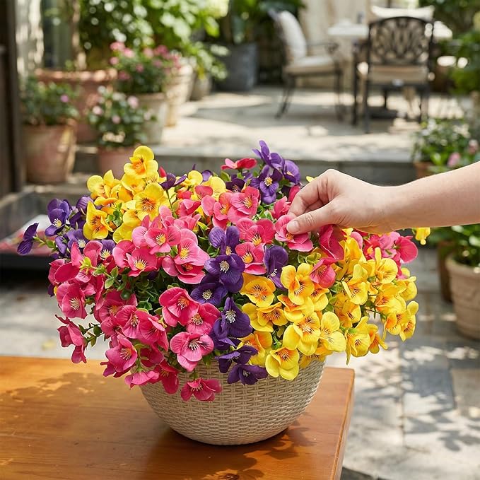 trytuny Artificial Flowers for Outdoor, Realistic Faux Plants for Outside Indoor Porch Patio Window Box Planter Home Decor (12pcs - Yellow Purple Rose red)